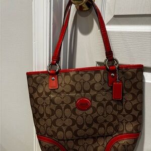 Coach Signature Tote with Red Accents